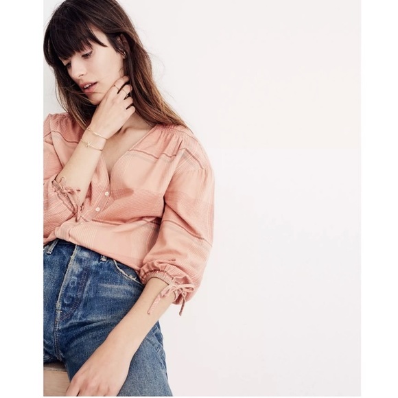 Madewell | Morning View Tie-Sleeve Shirt in Peach Plaid - Picture 2 of 12